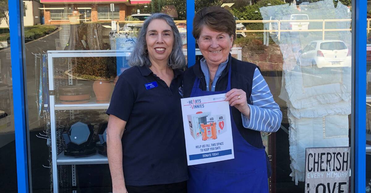Marisa Chapman (left) and volunteer Barbara (right) received $2000 from an anonymous donor to buy a defibrillator for the Narooma branch of Vinnies. Picture: supplied