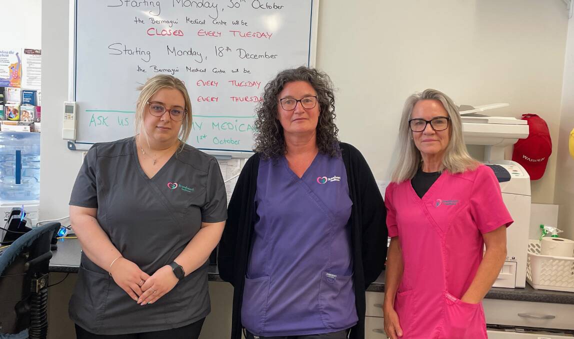 Some of the very hard-working staff at Bermagui Medical Centre: receptionist Amey Middlemiss, Dr Gundi Muller-Grotjan and nurse Jo Hill. Picture by Marion Williams