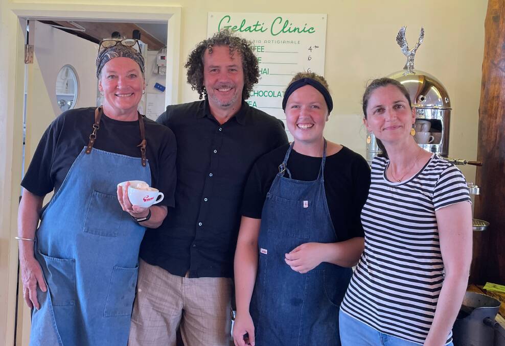 Alberto Cementon and Francesca Michielin (right) of Bermagui Gelati Clinic with team members Nina and Caroline (in aprons). Picture by Marion Williams