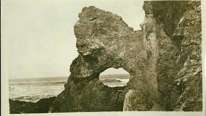 A photograph of "Hole in the Rock" taken in February 1941 shows how much wider the join with the cliff face was 80 years ago. On the back of the photograph it is referred to as Peep Hole at Narooma. File picture