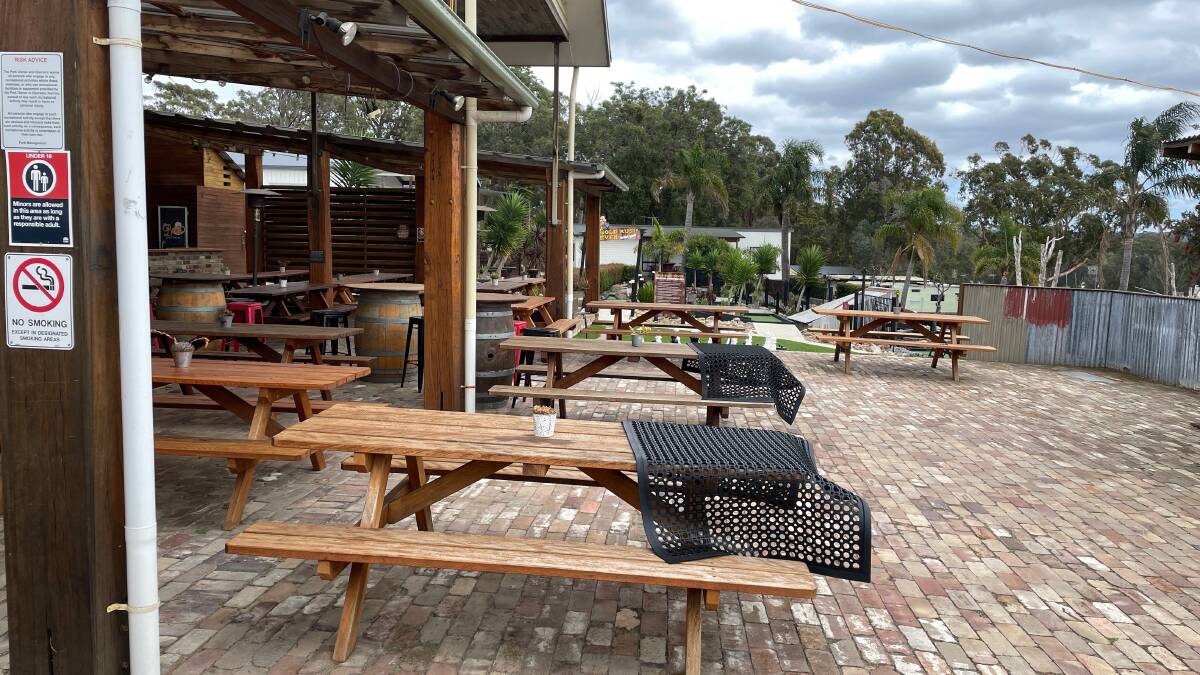 The paved area where patrons of the Camel Rock Brewery, Bar and Grill can currently be served and consume alcohol. Its website says it is "the first Micro-Brewery & Bistro built in a Holiday Park in the world." Picture by Marion Williams