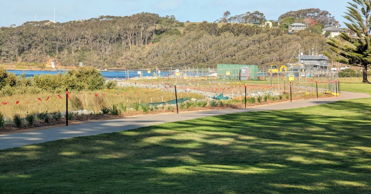 The nature-based elements of the Wagonga Inlet Living Shoreline project are complete. The civil infrastructure - two access facilities, jetty and floating pontoon should be complete by March 2024. Picture by The Nature Conservancy Australia
