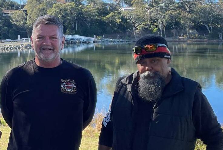 Gordon Patterson, president of the Bermagui Area Chamber of Commerce and Tourism (left) and Gary Campbell, a board member of the Merrimans Local Aboriginal Land Council. Both organisations would like a new bridge built and the causeway removed. Picture by Marion Williams