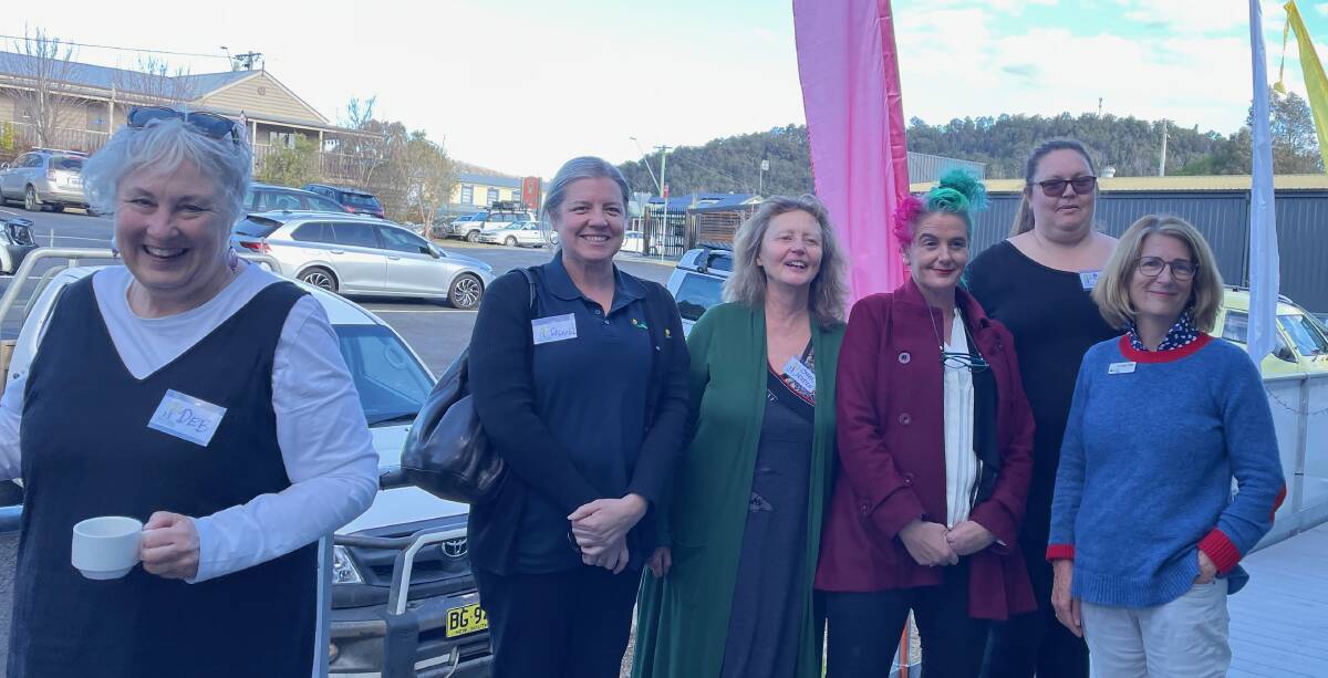 From left to right, Bega Here 2 Help volunteer Deb, Rachael Higginbotham of Bermagui Library, Here 2 Help founder Carol Holden, Danielle Murphy of Cobargo Community Access Centre, Here 2 Help volunteer Rebecca and Bega Valley Shire Councillor Helen O'Neil. Picture by Marion Williams.
