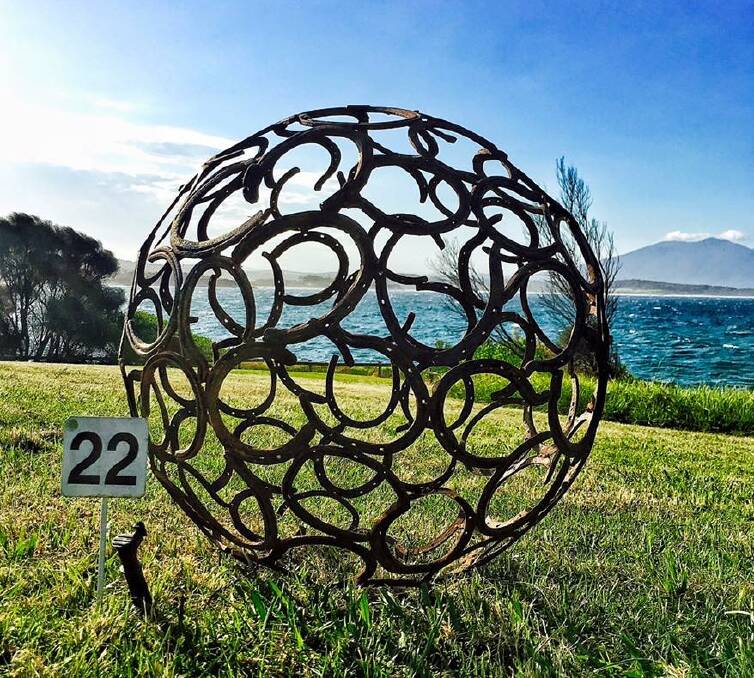 The horseshoe ball that Jordan Tarlinton exhibited at Sculpture Bermagui in 2016. Picture supplied.