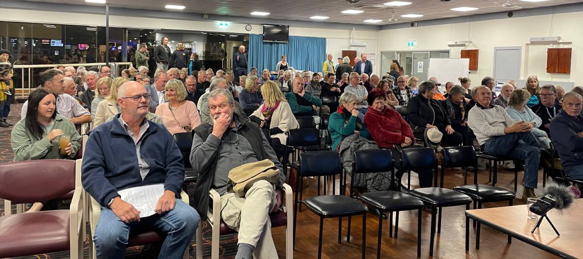 More than 100 people attended a community forum in Bermagui Country Club on Tuesday, July 25, to explain to senior representatives from Transport for NSW how the proposed prolonged shut of Wallaga Lake Bridge will impact their lives and livelihoods. Picture by Marion Williams