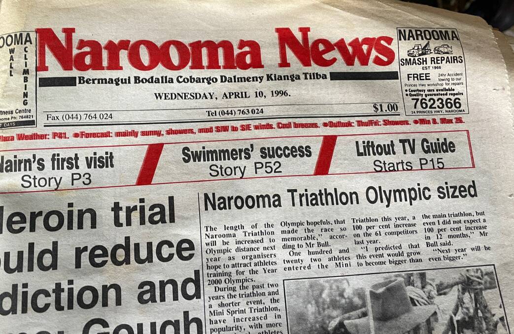 The front page of Narooma News, Wednesday, April 10, 1996. It was for the communities of Bermagui, Bodalla, Cobargo, Dalmeny, Kianga and Tilba. Picture by Marion Williams.