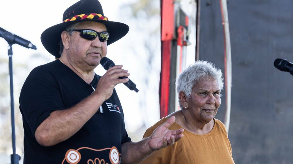 Uncle Bunja Smith, chair of Biamanga National Park board of management and Aunty Ros Field, chair of Gulaga National Park board of management, at the Biraga Bunaan Back to Country event in Narooma on Saturday, September 16. Picture by Nicki Endt, NPWS