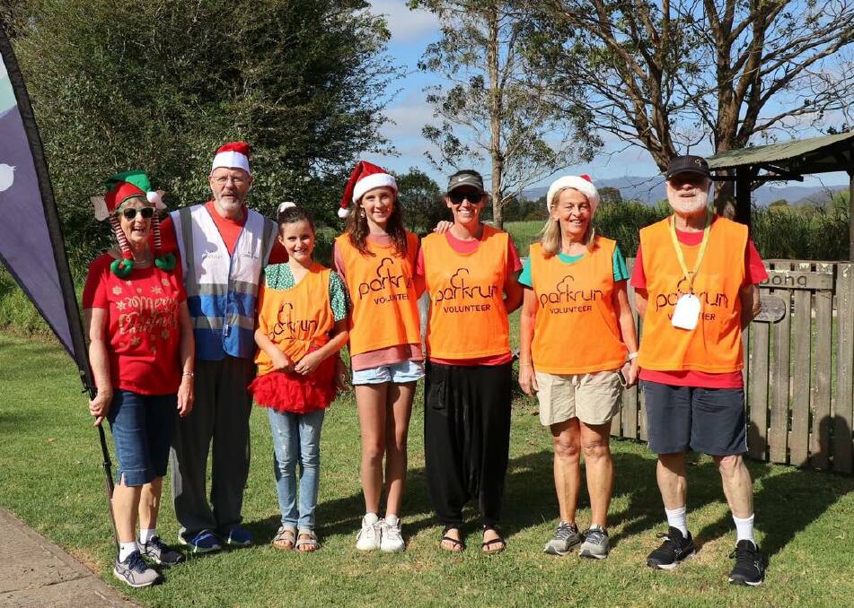 Panboola Wetlands parkrun volunteers on Christmas Day, 2022. The event saw 36 people finish the 5km course. Davina Hewes, Alec McQueen, Emmerson and Renee Miller, Clare Gilbert and Alister Lee.