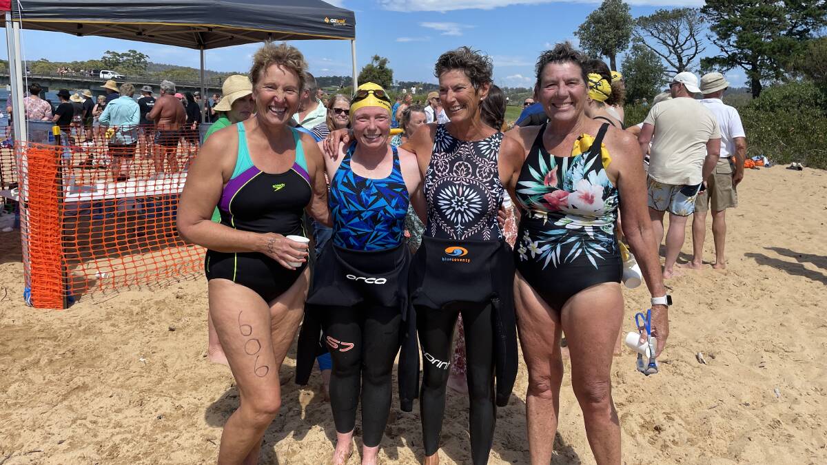 Kerryn, Ailie, Adrienne and Ann all smiles after completing the 1200m Swim at the Tathra Wharf to Waves. Picture by Sam Armes. 