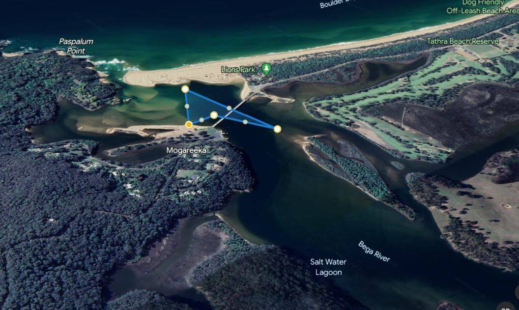A rough outline of the 1200m 'Splash for Cash' course. Swimmers took off east toward Tathra Beach before turning back to go west under Hancock Bridge, then doubling back under the bridge for the home stretch. Picture Google Earth. 