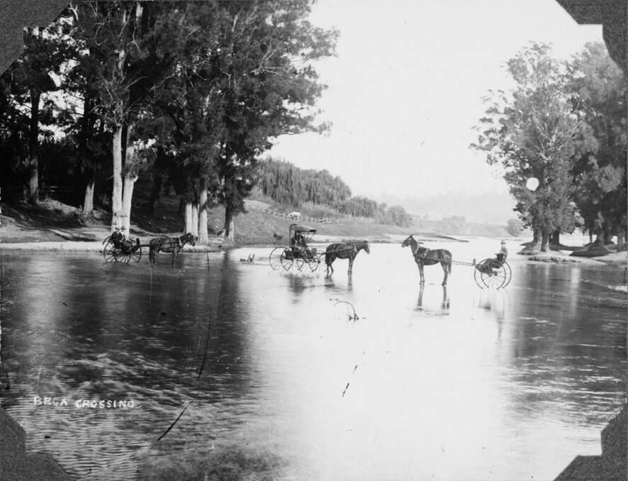The river crossing at the bottom end of Auckland Street was the original route into town - impassable when the river had risen. In 1867 a log raft capable of holding 8 to 10 people was constructed to provide an alternative crossing of the river. The charge was 1 shilling per passenger, sixpence for a horse! Photo supplied. 
