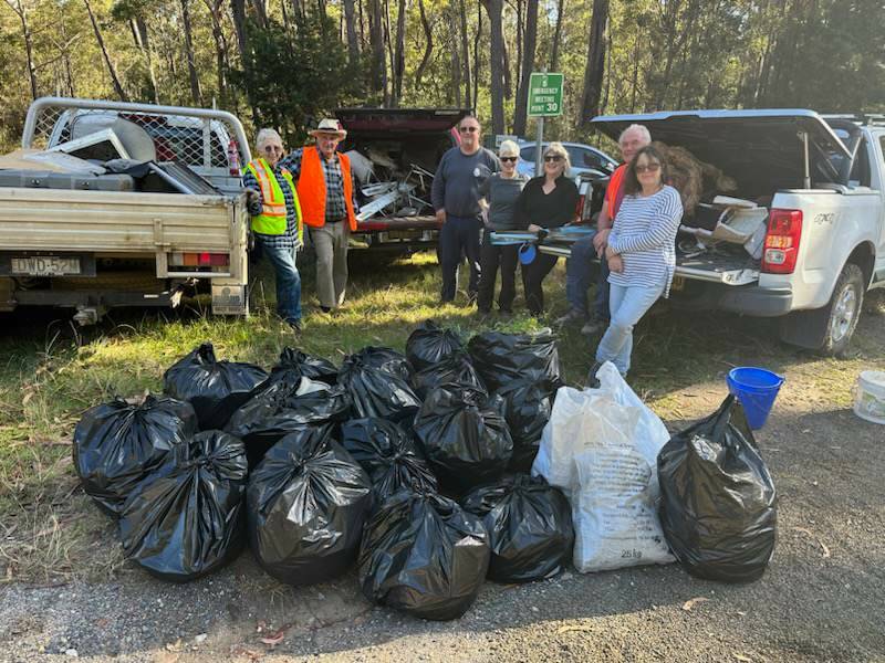 Left to right: Jennifer Willis, Dale Willis, Roge Walton, Cherie Mercado, Joy Robin, Bill Foxwell and Fiona Campbell helped remove 2.5 cubic metres of rubbish from the Princes Highway between Broadwater Road to Haycock Road heading north into Eden. The group are planning to conduct more cleanup in the coming months. Picture supplied. 