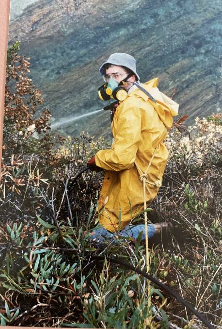 Reg Pauline spraying bitou bush on cliffs in Tathra in the 1990s. Picture supplied. 