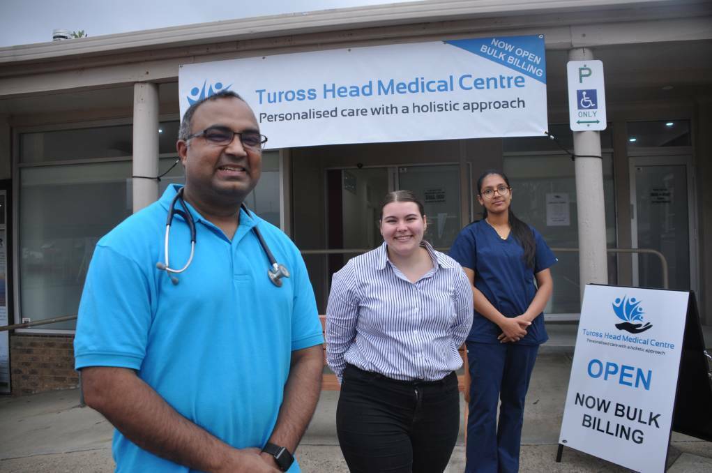 Dr Gurdeep Bagari, Brieanna Holdsworth and Navjot Kaur at the Tuross Head Medical Centre in October 2020.