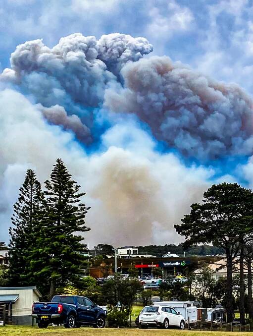 Bermagui business owner Tania Mccue and her husband Josh watched smoke from the Coolagolite blaze bear down on the coastal town on Tuesday, October 3. Picture by Josh Mccue