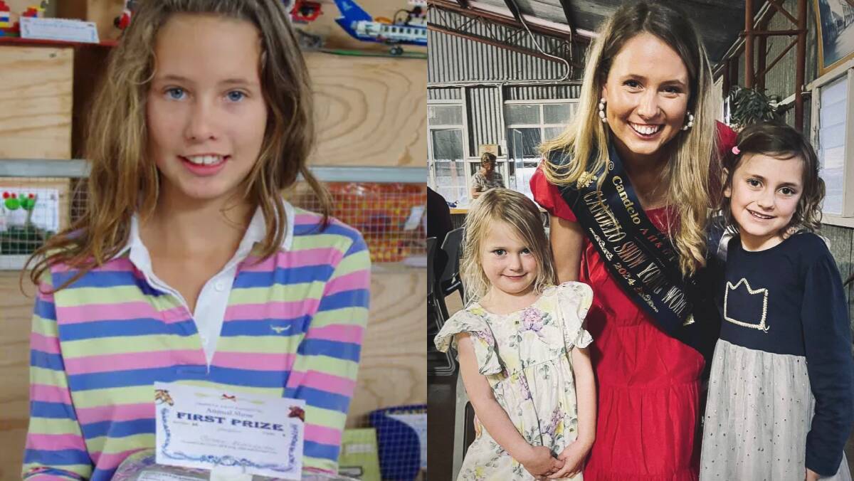 Sophie in 2012 having won first place for her iced cake at Candelo show, and Sophie today alongside Lillie and Charlie Holmes. Pictures supplied