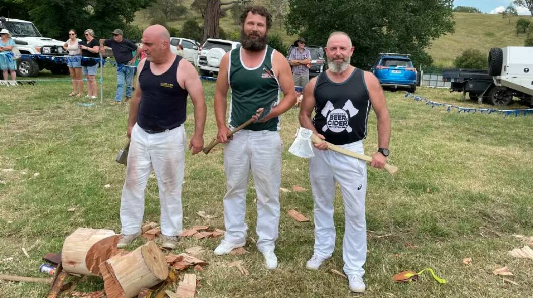 Novice Wood Chop winners Jamie Lee (3rd place), Rhys Williams from Ulladulla (2nd place) and Peter Garbutt from the ACT in first place during 2023 show. File picture

