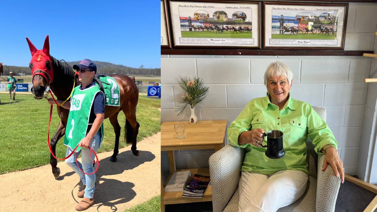 First Grange and Barbara Joseph at Sapphire Coast Turf Club holding her winning engraved 'trophy' stein. Pictures by James Parker