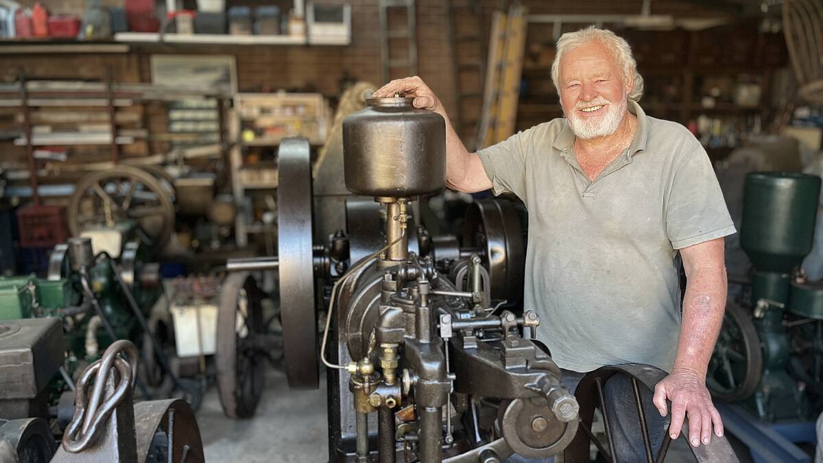 John Mathieson with his 1911 Richard Hornsby Stockport 4HP stationary engine, the largest in his collection so far. Picture by James Parker