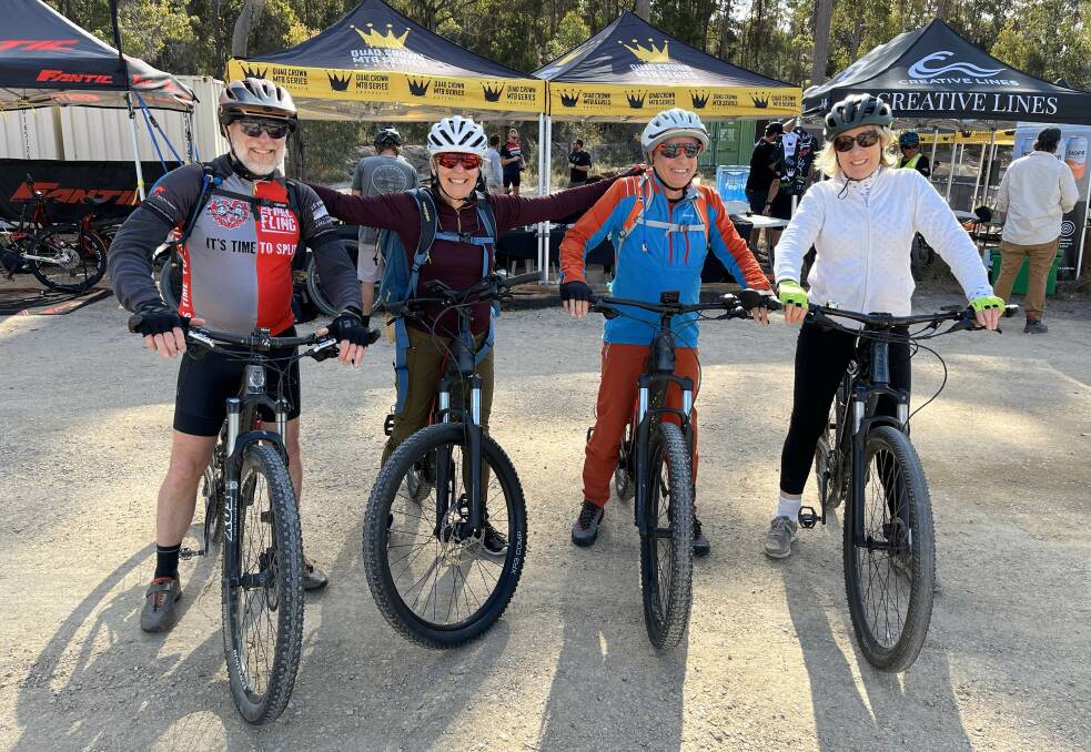 Ken Baldwin, Acacia Rose, Peter Cocker, and Anni Baillieu prepare to ride the new Gravity Eden trails. Picture by James Parker