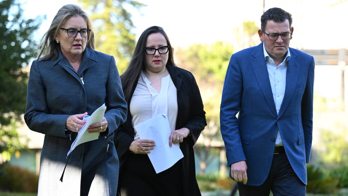 Victorian Deputy Premier Jacinta Allan, Minister for Regional Development Harriet Shing and Premier Daniel Andrews arrive to speak to media at Parliament House in Melbourne on July 18. Picture by AAP Image/James Ross