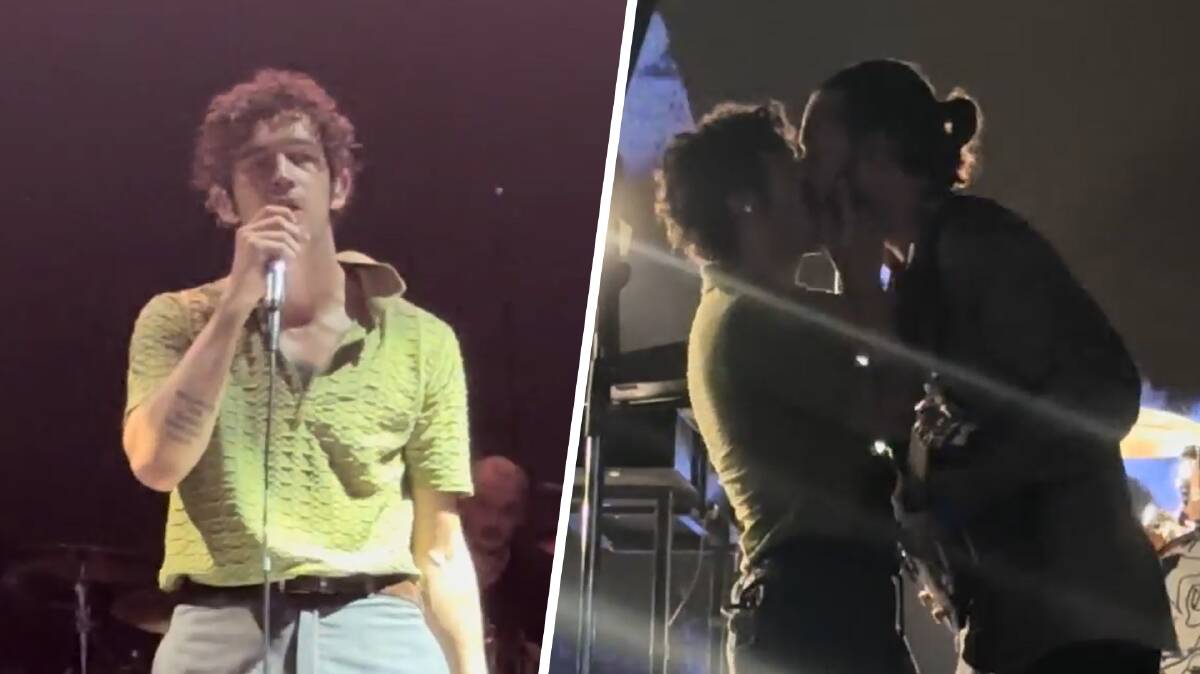 The 1975 frontman Matty Healy kisses bandmate Ross MacDonald at Good Vibes Festival in Malaysia. Pictures by @lila.ontour via YouTube