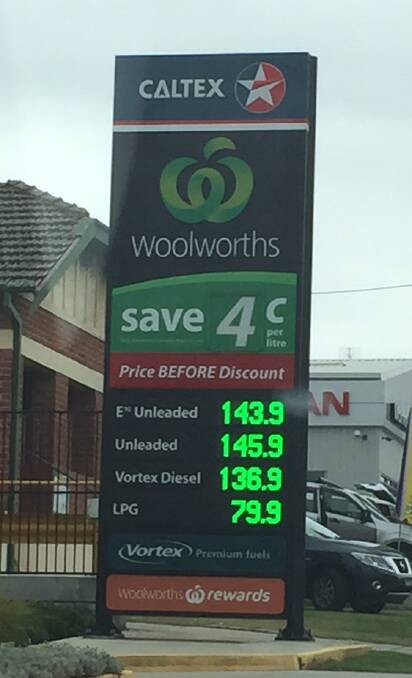 Prices at Caltex Woolworths on Gipps Street Bega on Wednesday.