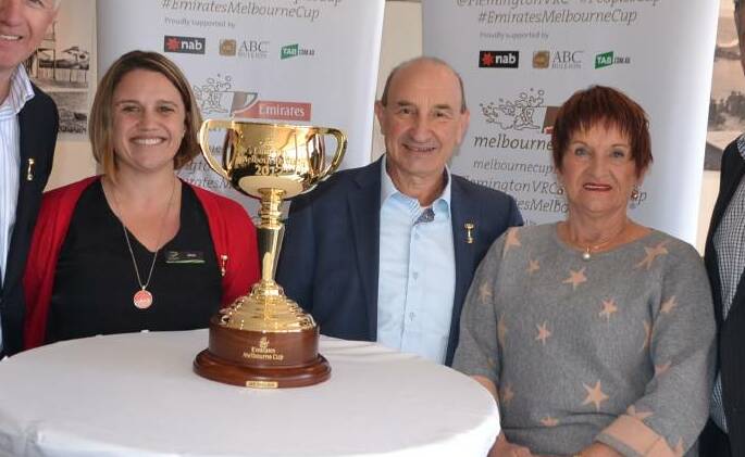 Jess Ryan of the Sapphire Coast Turf Club with legendary track rider and cup ambassador Joe Agresta and local trainer Barbara Joseph during the 2017 Melbourne Cup tour in Bermagui.