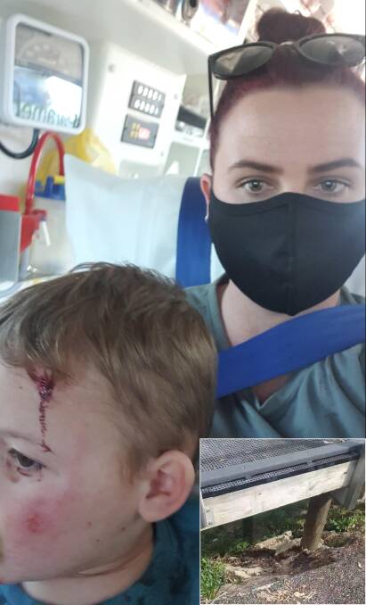 In the ambulance worried mum Tarryn Mitchell with her son two-year-old Zayne. Inset the roadside edge of the boardwalk that led to the accident.