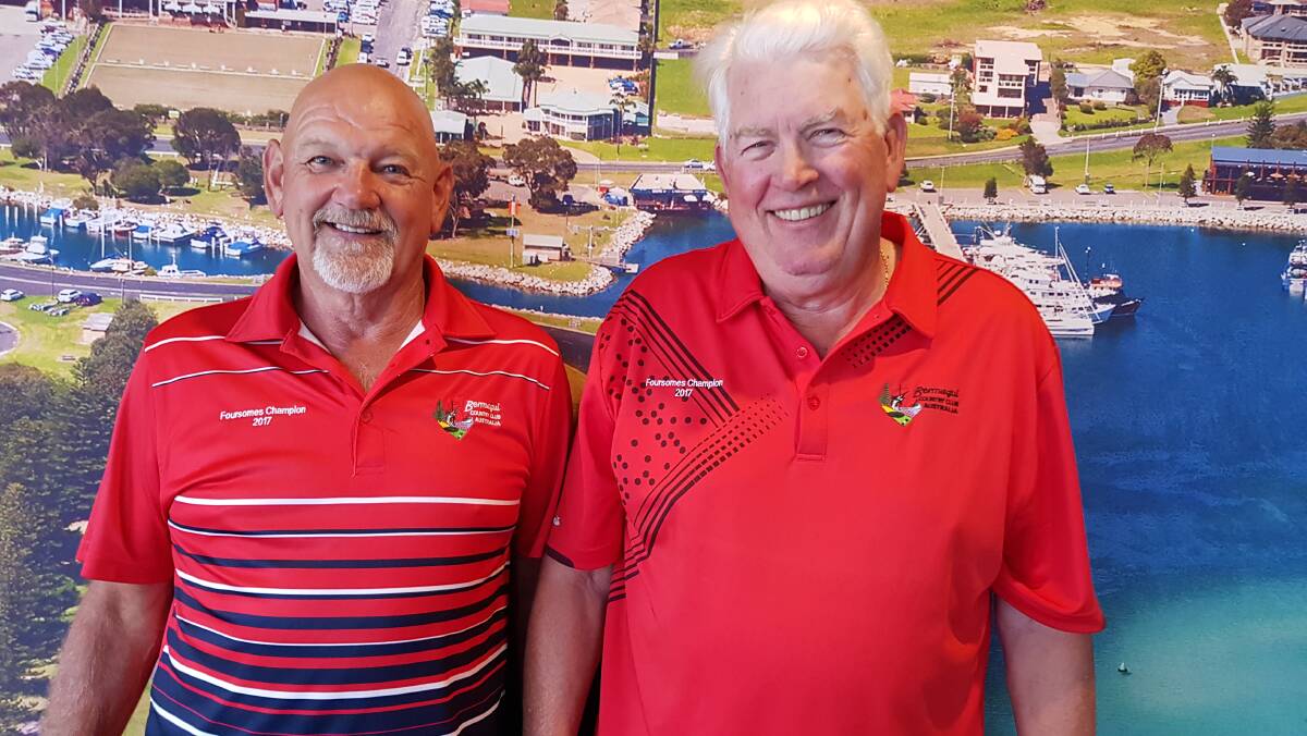 Red letter day: Bermagui men's foursomes nett champions Derek Quinto and Ray Stephens after Saturday's win. 


