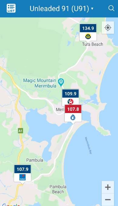 Fuel prices in Merimbula on Friday, April 24. Fuel Watch