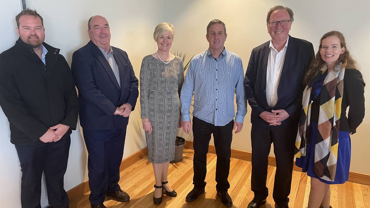 At the regional summit are (from left) Bega Valley Shire Council CEO Anthony McMahon, Mayor Russell Fitzpatrick, consultant Mary Hoodless, Bega Valley Business Forum chair Nigel Ayling, Member for Bega Michael Holland and facilitator Bec Jones from NGH Consulting. Picture by Ben Smyth