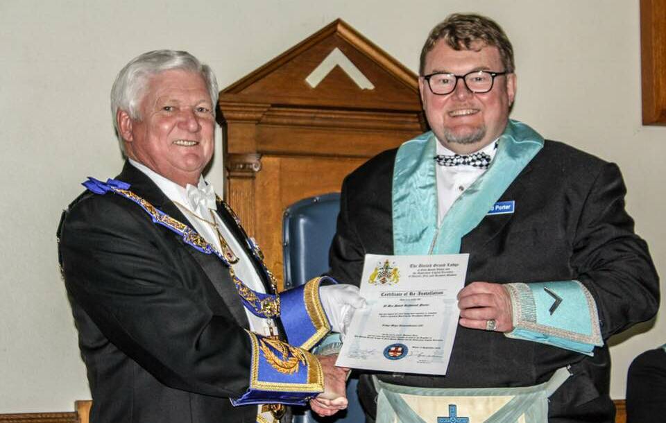 David Porter is reinstalled as Worshipful Master of Lodge Bega Remembrance by Freemasons NSW and ACT Grand Master, Most Worshipful Derek Robson AM. 