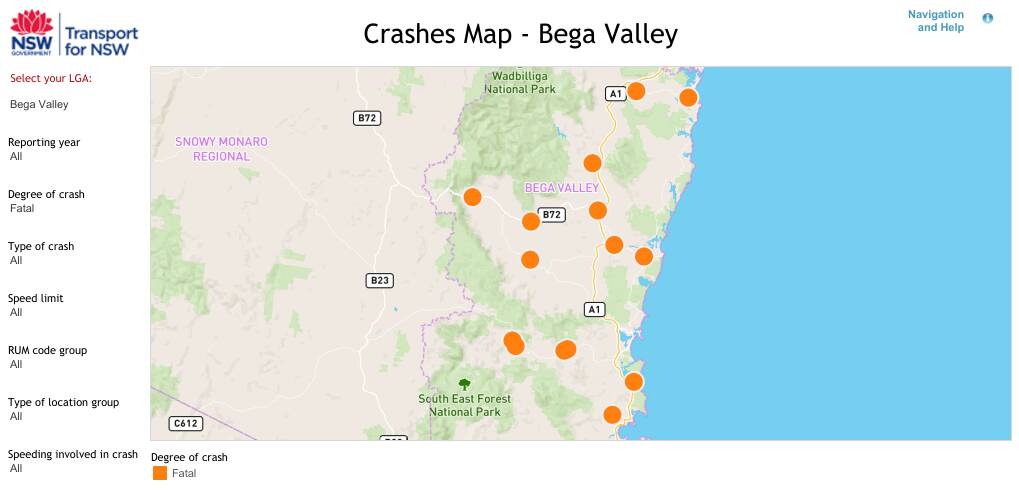 Sites of fatal crashes in the Bega Valley 2013-2017. Picture: NSW Centre for Road Safety