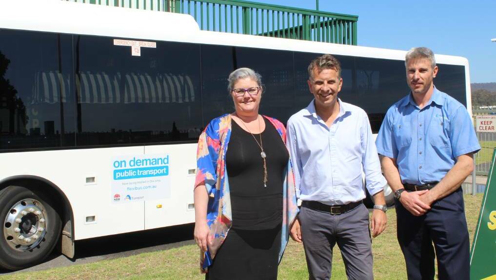 Jamie Klemm, Sapphire Coast Buslines, Member for Bega and Transport Minister Andrew Constance with Sapphire Coast Buslines logistics manager Chris Clapton.