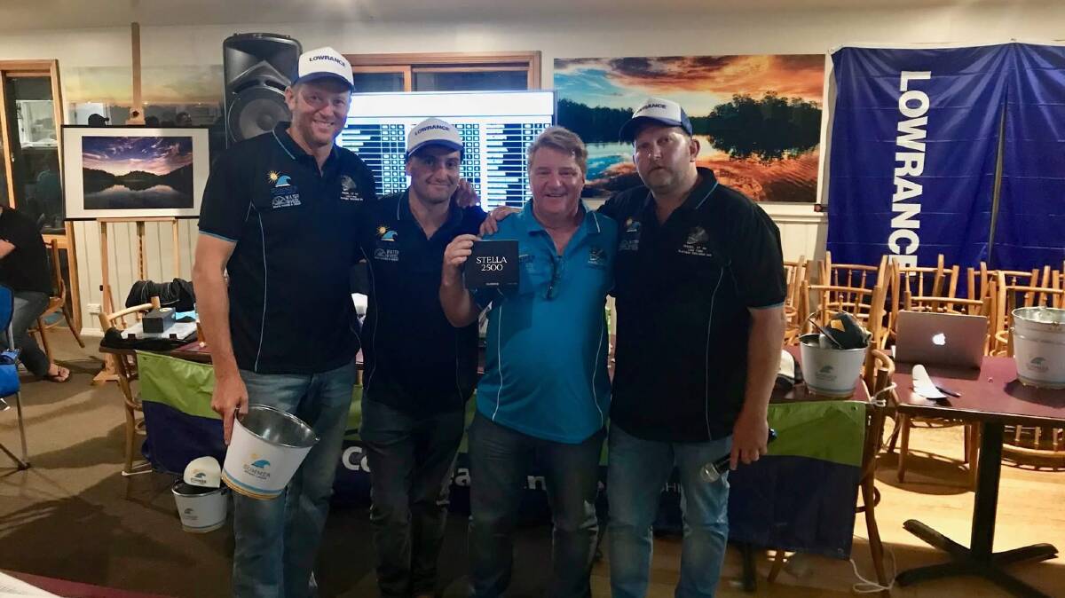 REEL IT IN organisers Scott 'Dusky' Wakefield, Sammy J, and Troy Eaton congratulate the winning bidder of beyondblue auction at the Lake Tyers fishing tournament