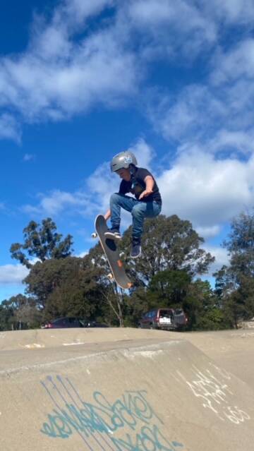 Xavier in action at Berrambool Oval's ageing skatepark.