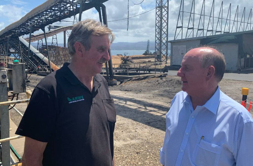 CLEAN-UP: ANWE general manager Kel Henry speaks with bushfire recovery coordinator Dick Adams at the Eden chipmill on Friday.