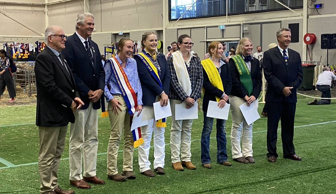 The top five at Sydney Royal's Merino Fleece Young Judging competition including Nimmitabel Showgirl Georgie Constance in fifth place.
