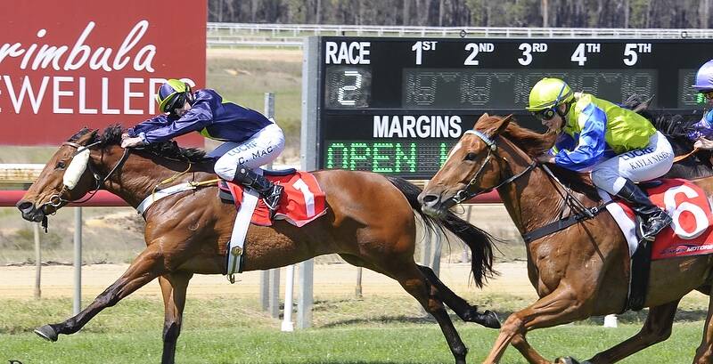 SPRING RACING: Dure, ridden by  Chelsea MacFarlane, races to victory in the 2017 Bega District News Open Handicap. Picture: Bradley Photographers