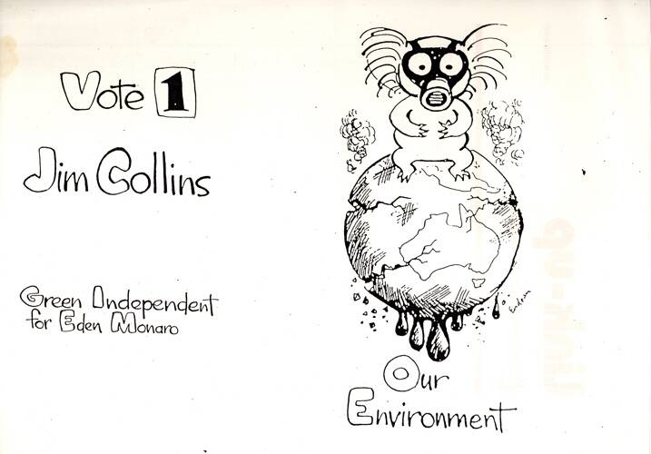 The flyer from Jims 1990 election campaign by cartoonist John Endean. Courtesy of Museum of Australian Democracy