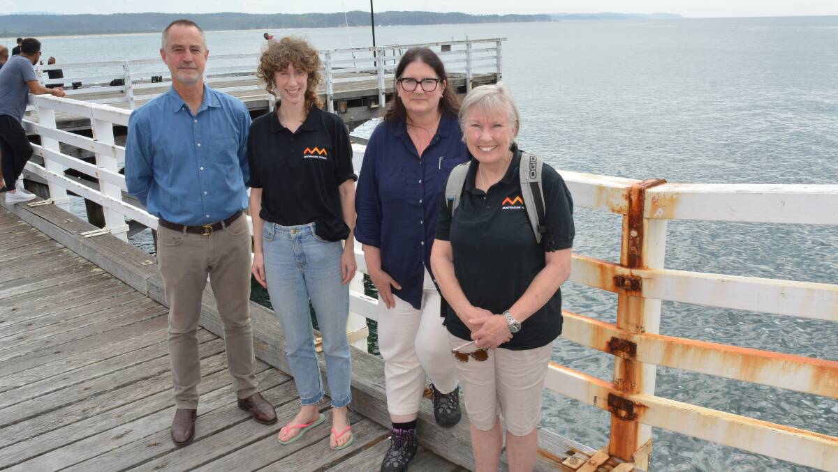 Tathra Wharf restoration project manager David Buckley with Australian Museum researchers Laetitia Gunton, Alison Miller and Mandy Reid. Photo: Ben Smyth