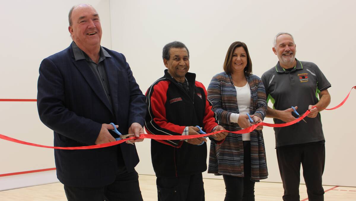 Bega Valley Shire Mayor Russell Fitzpatrick, president of the Far South Coast Table Tennis Club Danny David, Member for Eden Monaro Kristy McBain and president of the Merimbula Squash Club Matt Fanning, officially open the Pambula multi-use squash courts.