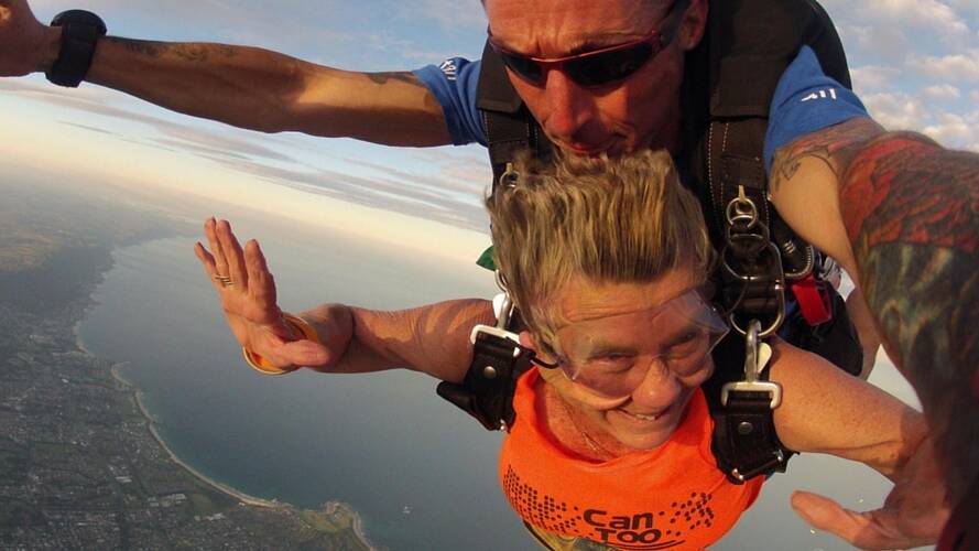 Margaret-Anne Hayes goes skydiving at the age of 76 as a fundraiser for Can Too.