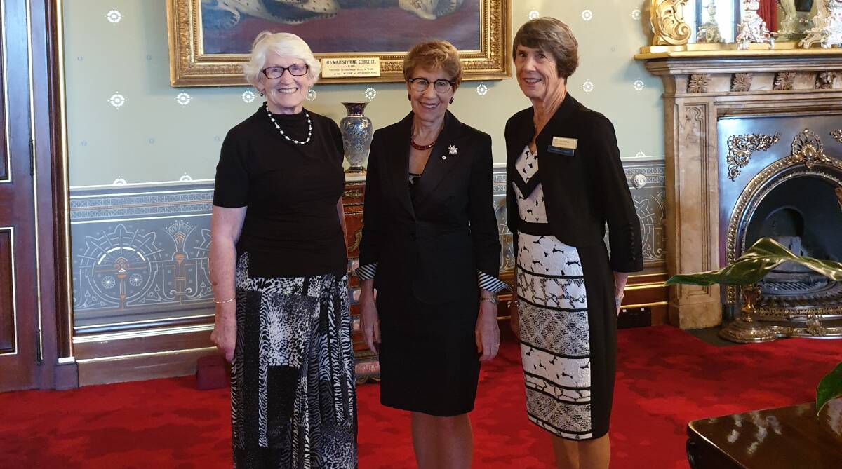 Pat McRae and Carleen Maley from Bega Evening VIEW celebrate VIEW's 60th anniversary at Government House with NSW Governor Margaret Beazley. 