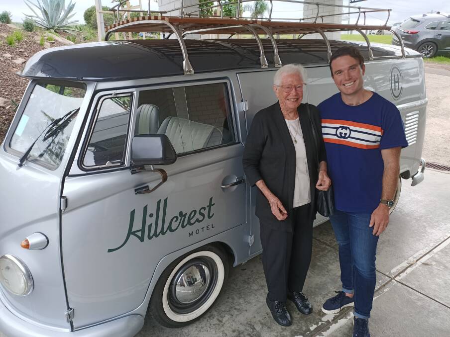 Hillcrest's original owner Val Currie meets new owner Caspar Tresidder on Monday as redevelopment to the iconic motel was revealed to Merimbula locals. Photo: Ben Smyth