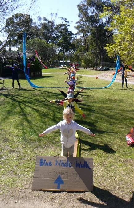 Tathra Preschool's Blue Whale Walk with children demonstrating the enormous size of the marine mammal.