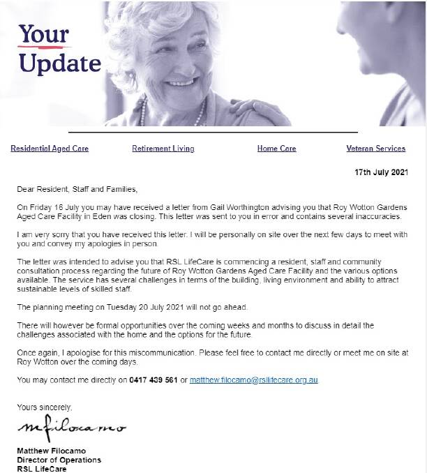 A follow-up letter sent by RSL Lifecare on Saturday, July 17.