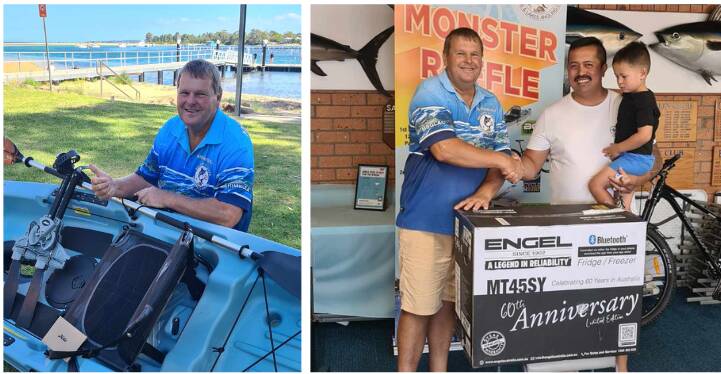 Monster raffle winners Shane Mayberry, of Tura Beach, with his first place Hobie kayak, and third placegetter Aldren Roferos from Victoria, with the Engel 40-litre fridge/freezer.